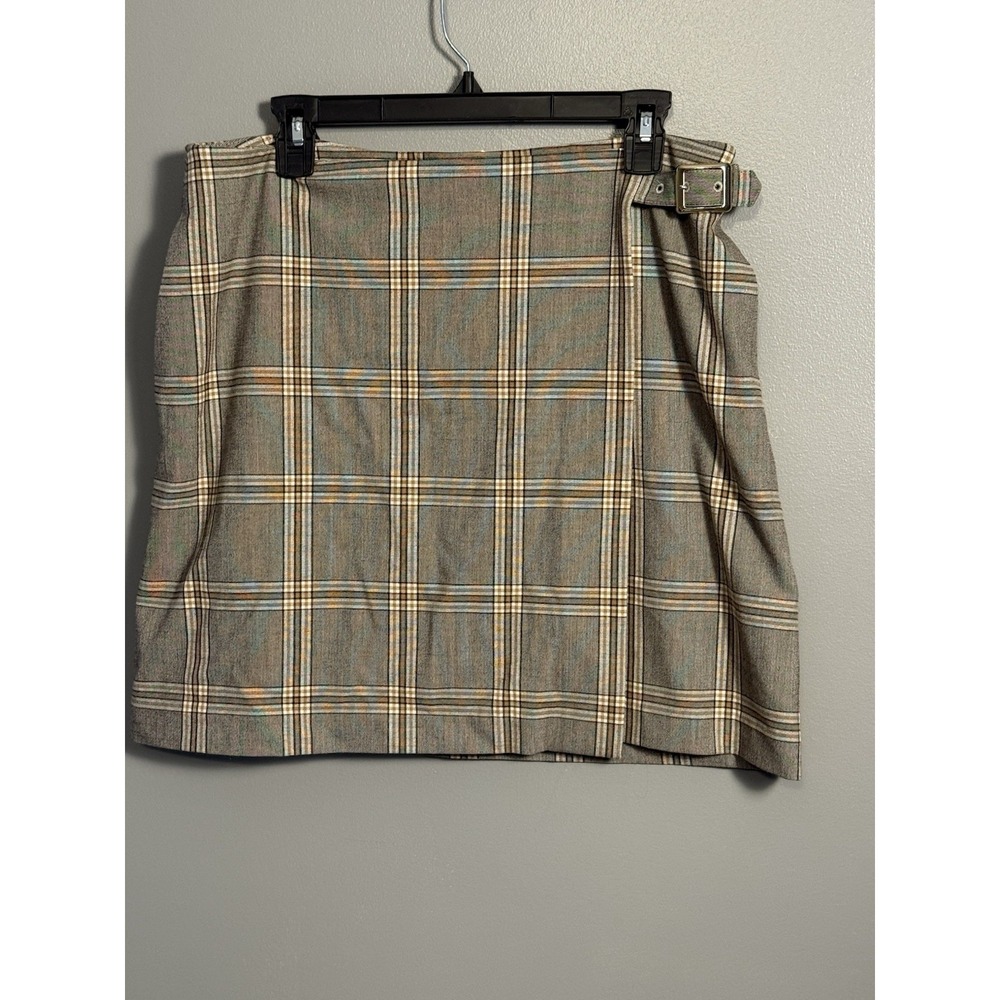 Banana Republic Wrap Mini Skirt Brown Tartan Plaid Womens 12P  Buckle Pockets‎
